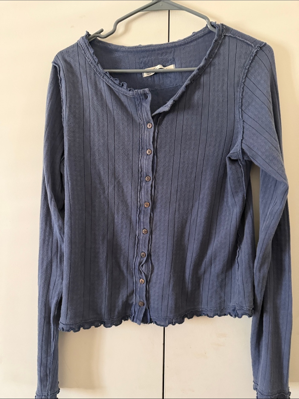 Free People Dusty Blue Ribbed Button-Down Long Sleeve Top